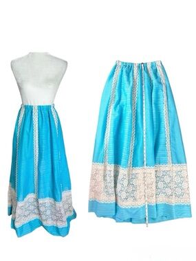 Vintage 70s Carefree Fashions of Scottsdale Full length Maxi Skirt Blue and Lace